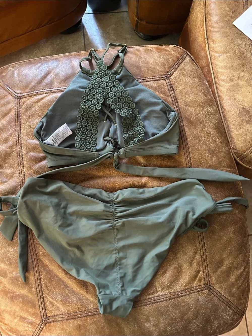 Time and Tru Olive Green High Neck Lace-Up Bikini with Pink Floral Embroidery